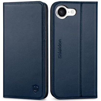 SHIELDON Genuine Leather Case Wallet for iPhone 17e/16e 6.1", Navy Blue | Flip, Magnetic Closure, RFID Blocking 3 Card Holder, Kickstand, Full Protection, Shock Absorbing Protective Cover - color: Navy Blue