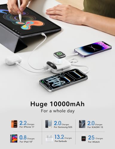 Portable Charger 10000mAh 22.5W Power Bank Built-in 2 Cables Keychain | Charge 5 Devices, TSA approved, Travel Fast Charging Battery Pack for iPhone Samsung Google Android & iWatch Charger, White - color: White