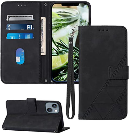Wallet Case with Wrist Strap for iPhone 13/14 (Black) | Card Holder Slots, PU Leather, TPU Interior Protective, Stand, Folio Flip Cases Cover, 13/14 Phone 6.1 inch - color: Black