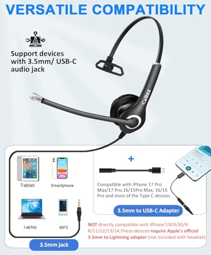Callez 3.5mm Cell Phone Headset with Call Control for iPhone Samsung iPad