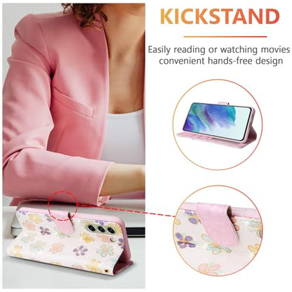 UEEBAI Wallet Case for Samsung Galaxy S22 5G, PU Leather Phone Case Kickstand RFID Blocking Flip Case Card Slots Wrist Strap Relief Engraved Pattern Magnetic Closure Flower Folio Case, White Daisy - color: White Daisy, size: Samsung Galaxy S22 5G