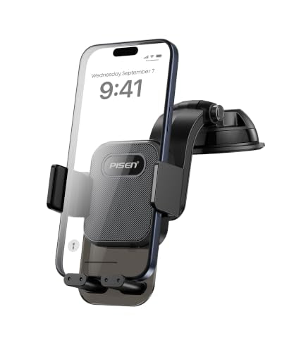 PISEN Dashboard Car Phone Mount - One Press Lock Dash Phone Holder for Car, 360° Rotating One-Button Release Dash Car Phone Holder, Strong Suction Dashboard Car Phone Mount for Most Smartphone (Black)