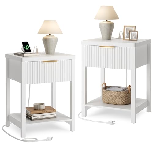 Night Stand Set 2, Fluted Wood Nightstands w/Charging Station for Bedroom - color: White, size: 1 Drawer-Set of 2 Nightstand