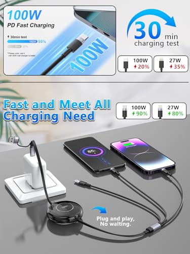 4FT Multi Charging Cable 100W Retractable USB C Multiple Charging Cable iPhone Fast Charging Cord 3-in-1 Multi Charger Adapter for iPhone 14 15 13 ipad,Pixel,Samsung Universal Cable Travel Essentials