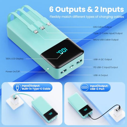 Portable Charger 50800mAh Power Bank with 3 Built in Cables,25W PD QC4.0 Fast Charging USB C Battery Pack,6 Outputs 2 Inputs Travel Essentials Phone Charger for iPhone 18/17/16/15/Pro,Android,Green - color: Green