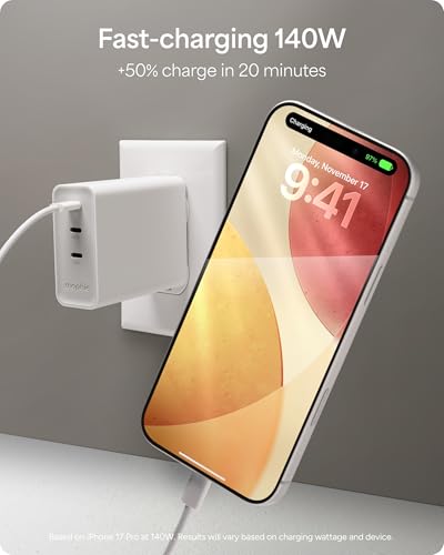 Mophie Speedport 140 GAN USB-C Charger Block - 140W Fast Wall Charger, 3× USB‑C PD Ports, Compact Foldable Prongs, Made with Recycled Materials, for Smartphones, Tablets, Headphones - style: 140W