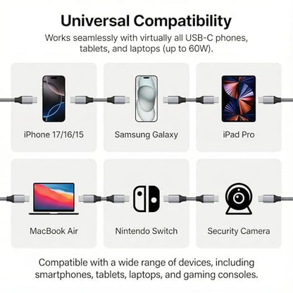 USB C to USB C Cable 25ft, 60W PD Fast Charging Cord, Extra Long Braided Charger Cable for MacBook Air M3 M2, iPad Pro, iPhone 16 15 Pro Max, Samsung Galaxy S24, Pixel, Switch - size: 25 Feet