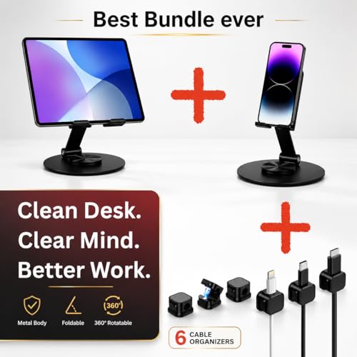 Phone & Tablet Stand for Desk (2 peice) with 6 Magnetic Cable Organizer Clips, 360 Rotating Adjustable Height Stand, Compatible with iPhone, iPad, All Smartphones Tablets, Desk Organization Bundle.