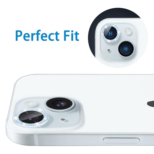 Compatible with iPhone 15 & iPhone 15 Plus Camera Lens Protector, Bling Glitter Diamond Len Cover 9H Tempered Glass Camera Cover Anti Scratch Shockproof Screen Protector Individual Metal Lens Ring - 2PCS Glitter Sierra Blue - color: Sierra Blue Glitter