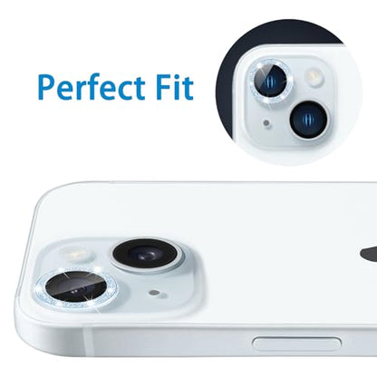 Compatible with iPhone 15 & iPhone 15 Plus Camera Lens Protector, Bling Glitter Diamond Len Cover 9H Tempered Glass Camera Cover Anti Scratch Shockproof Screen Protector Individual Metal Lens Ring - 2PCS Glitter Sierra Blue - color: Sierra Blue Glitter