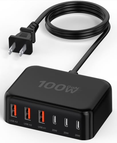 100W 6 in 1 USB Charger, 50% Smaller Charging Station for Multiple Devices - color: B-Black