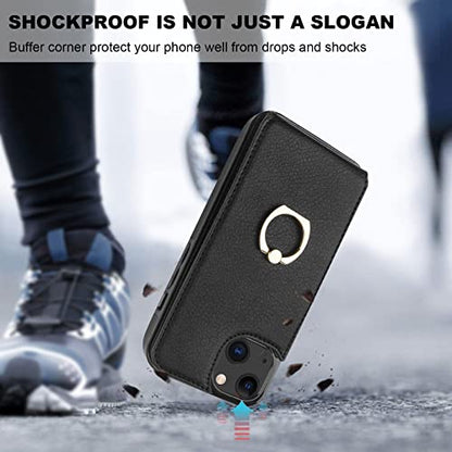 Folosu Compatible with iPhone 14 Case Wallet with Card Holder, 360°Rotation Finger Ring Holder Kickstand, RFID Blocking Leather Protective Double Buttons Shockproof Cover 6.1 Inch Black - color: Black, size: iPhone 14