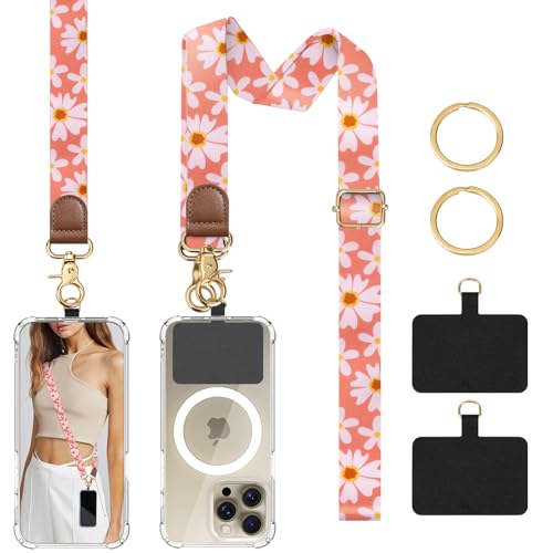 TiMOVO Phone Lanyard Crossbody Wrist Strap, Adjustable Anti-Theft Strap for Smartphone Case - color: Orange +Pink Flowers