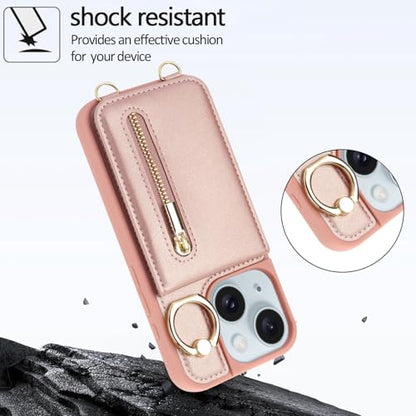 Crossbody Wallet Case for iPhone 11, with Card Slots Zipper Pocket Case, Flip Folio Purse RFID Blocking with Ring Kickstand Detachable Strap-Pink - color: Pink, size: iPhone 11(6.1")