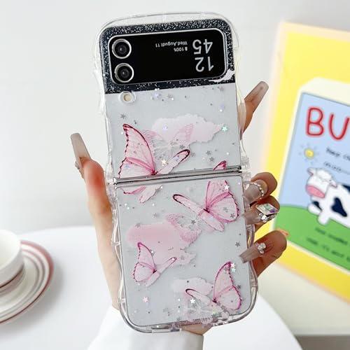 UEEBAI Wave Butterfly Case for Samsung Galaxy Z Flip 3/Z Flip 4 5G Case, Pretty Bling Star Butterfly Cute Shiny Glitter Phone Cover for Girls Bling Clear Cover Curly Shockproof Girly - White - color: Clear, size: Z Flip 3/Z Flip 4 5G