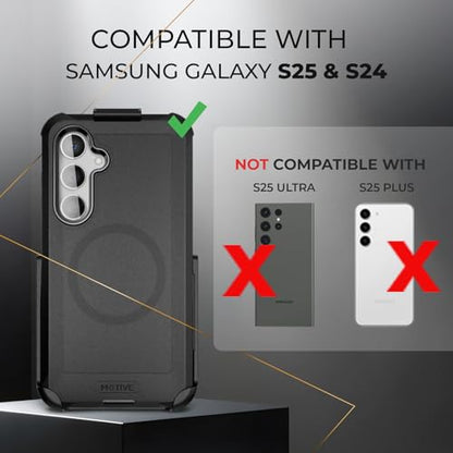 MOTIVE Heavy Duty Case for Samsung Galaxy s25/s24, Belt Clip Holster | 6.2" | Bunker Series, Military Grade Multi-Layer Protection, PC/TPU Build, Sealed Port Cover, Compatible with MagSafe Qi2 Charging - size: s25 & s24