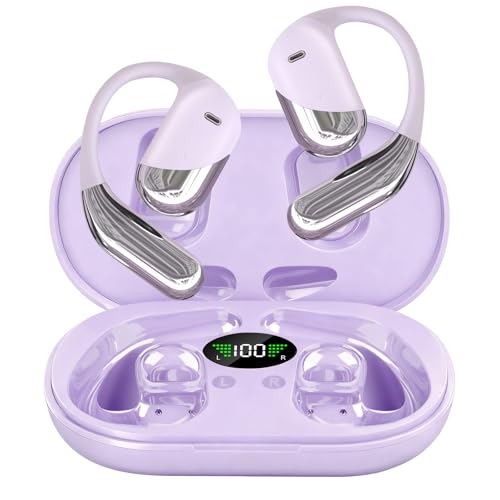 Open Ear Headphones,Over Ear Buds Clip Wireless Earbuds Bone Conduction Built-in Mic Earhook,Bluetooth 5.4 LED Display,60H Playtime Touch Control Design for Cycling,Running,Office,Ear Hooks - color: Violet