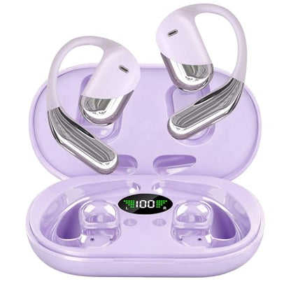 Open Ear Headphones,Over Ear Buds Clip Wireless Earbuds Bone Conduction Built-in Mic Earhook,Bluetooth 5.4 LED Display,60H Playtime Touch Control Design for Cycling,Running,Office,Ear Hooks - color: Violet