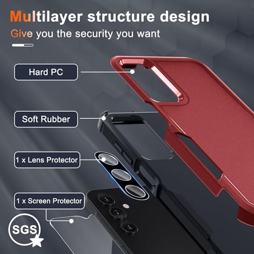 Case for Samsung Galaxy A15 5G, Full Body Heavy Duty Rugged Shockproof Protective Phone Cover with Lanyard Strap, Tempered Glass Screen Protector and Camera Lens Cover, Red | Rugged Shockproof Protective Phone Case with Lanyard Strap,Tempered Glass Screen