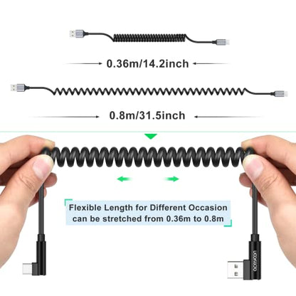 aceyoon USB to USB C Cable, 90 Degree Right Angled Coiled Fast Charging Cable QC 3.0 (1-2.5ft) 60W Short Android Auto USB C Charging Cable - color: 1 Pack