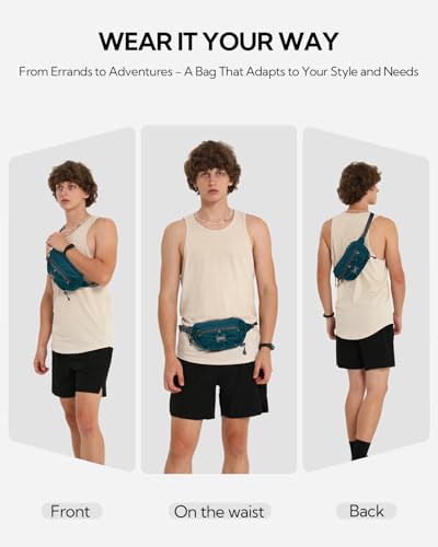 WATERFLY Small Fanny Pack RFID Blocking Travel Hiking Crossbody Waist Bag | Anti-theft design, Water resistant, Lockable zipper, Hidden rear pocket, Lightweight hip belt bag, EDC Running, Cycling, Gym - color: Peacock Blue