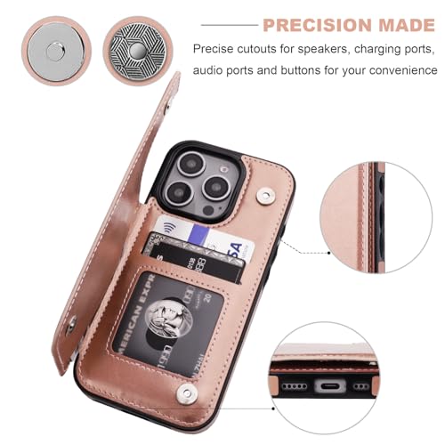 ONETOP for iPhone 16 Pro Wallet Case with Credit Card Holder,Rosegold | Kickstand,ID/Cash Holder,Case Wallet with Card Slots,Double Magnetic Clasp,Durable PU Leather Shockproof Cover for Women Men - color: Rose Gold