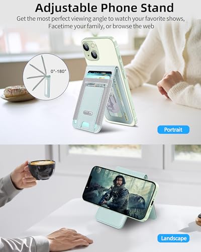 For Magsafe Wallet Stand,10 Cards Holder, RFID Blocking | Strongest Magnetic Wallet for iPhone 17/16/15/14/13/12 Series, Adjustable Stand, ID Window, 4 Card Slot, Vegan Leather, Green - color: Light Green