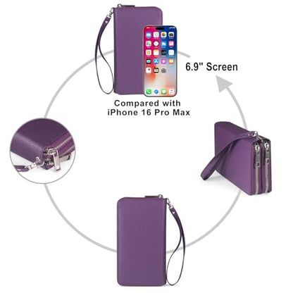 RFID Blocking Cellphone Wallet for Women with Wrist Strap, Double Zipper Travel Clutch Purse Large Capacity, Purple - color: Purple