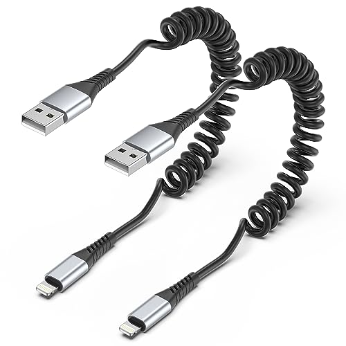 Coiled Lightning Cable for Car, 2 Pack 3FT Retractable iPhone Charger Cord - style: USB-A to Lightning