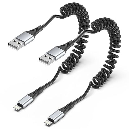 Coiled Lightning Cable for Car, 2 Pack 3FT Retractable iPhone Charger Cord - style: USB-A to Lightning