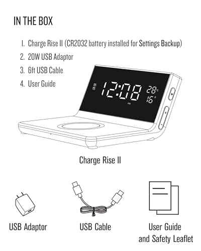 Soundfreaq Charge Rise II, SFQ-20: Digital Alarm Clock, with Fast USB Charger and Wireless Charger (Black, Home) - color: Black