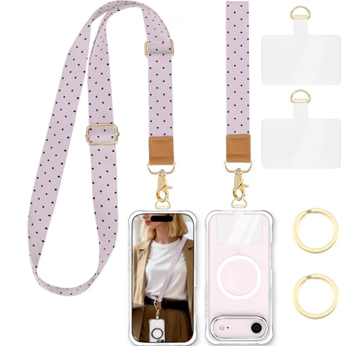 Phone Lanyard Crossbody Strap, Adjustable Neck Strap and Wristlet Strap for Phone Wallet ID Badge with 2 Phone Tabs - color: Purple Dots