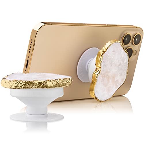 Grips by CRYSTALFY Crystal Phone Grip Holder & Expanding Kickstand-Natural Gemstone Swappable Top Accessory Compatible with iPhone, iPad, Kindle & Mobile Devices (White Clear Quartz Druzy, Adhesive) - color: White Clear Quartz Druzy, style: Adhesive