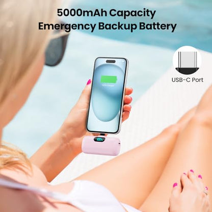 [2-Pack] Mini Portable Charger USB C Power Bank,Upgraded 5000mAh PD Fast Charging Battery Pack Built-in USB-C Connector Travel Essential for iPhone17/17Pro/17Pro Max/Air/16 Plus/16Pro Max/15 Series - color: Pink+Pink