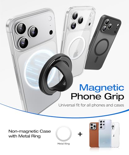 Magnetic Phone Grip, 360° Rotation & 180° Flip Universal Phone Ring Stand, Silicone Phone Ring Holder for Back of Phone for iPhone 17/16/15/14/13/12 Pro Max/Plus, Black - color: Black