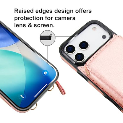 Bocasal Multi-Slot Crossbody Wallet Case for iPhone 17 Pro Max, Rose Gold | RFID Blocking PU Leather Purse Case with Card Holder, Handbag Flip Cover with Zipper Wrist Strap Lanyard for Women 6.9 Inch - color: Rose Gold