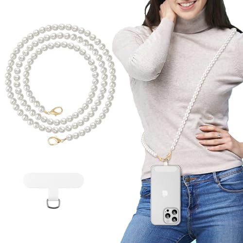 MoKo Pearl Beaded Phone Chain Lanyard Crossbody Strap with Patches - color: White-pearl