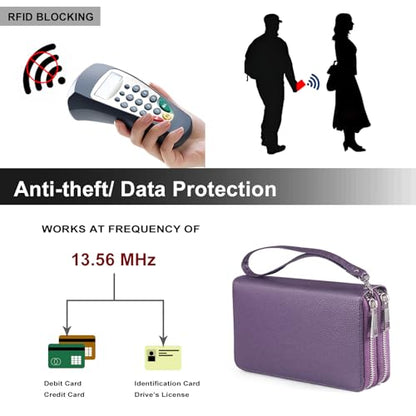 RFID Blocking Cellphone Wallet for Women with Wrist Strap, Double Zipper Travel Clutch Purse Large Capacity, Purple - color: Purple