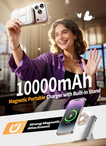 Magnetic Portable Charger, 10000mAh Power Bank with Leather Foldable Stand - color: Ivory White