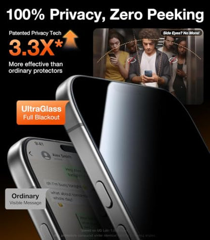 UltraGlass Top 9H+ Armor for iPhone 16 Pro Privacy Screen Protector, 2 Pack | NO.1 Military Grade Shatterproof, Privacy Screen iPhone 16 Pro Tempered Glass, 100% Anti Spy, Longest Durable 16Pro 6.3" - size: iPhone 16 Pro