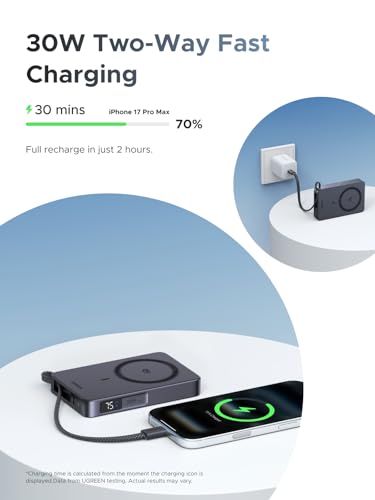 UGREEN MagFlow 10000mAh Qi2 25W Wireless Power Bank Built-in Cable - color: Grey
