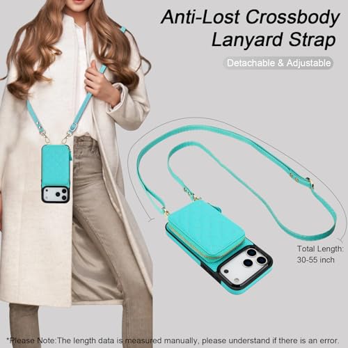Bocasal Crossbody Wallet Case Card Holder for iPhone 17 Pro Max Mint Green | RFID Blocking PU Leather Zipper Handbag Purse, Kickstand Flip Folio Case with Card Slots Holder Wrist Strap Lanyard 6.9 Inch - color: Green