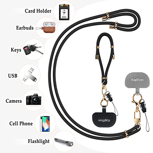 Kaptron 2Pcs Cell Phone Lanyard: Universal Adjustable Crossbody Phone Strap and Wrist Strap, with 2 Lobster Clips and 2 Tether Patches, Compatible with Most iPhone and Android Smartphones (Black/Gold)