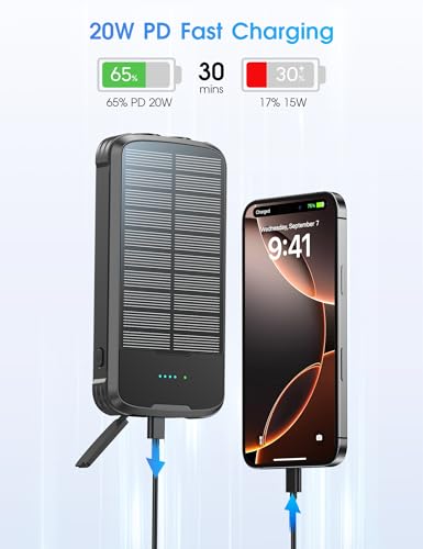 Solar Power Bank 40000mAh PD20W Fast Charging Portable Solar Charger - color: Black