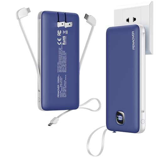 Portable Charger 10000mAh 22.5W Power Bank,Built-in 3 Cables & AC Wall Plug - color: Navy
