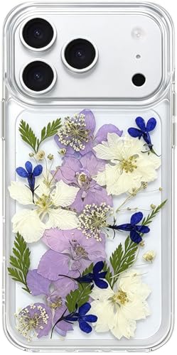 Abbery for iPhone 17 Pro Max Case Clear with Real Pressed Dry Flower Design Cute Soft TPU Shockproof Protective Slim Fit Women Girl's White Blue Floral Phone Case for iPhone 17 Pro Max - color: Navy Flower, size: for iPhone 17 Pro Max
