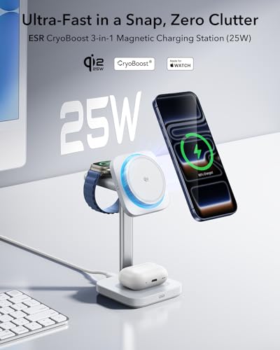 ESR 3 in 1 Charging Station, Qi2.2 25W MagSafe Charger Stand w/Cryoboost - color: White