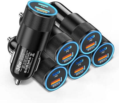 6 Pack USB C Car Charger, Ancekoy 38W USB-C + USB-A Car Charger Adapter - color: Black, size: 6-Pack