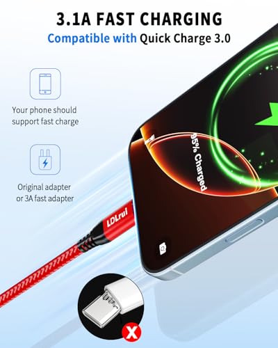 LDLrui USB C Data Cable 10Gbps, 6ft, 2-Pack, Red, Braided - size: 6ft