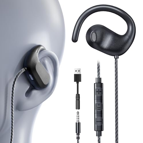 3.5mm Wired Earbuds USB Wired Headphones | Open Ear Headphones with Mic | Running Earbuds with Rotatable Earhook & Volume Control | Corded Plug-in for Traditional Phones, PC, Car AUX, Nintendo Switch